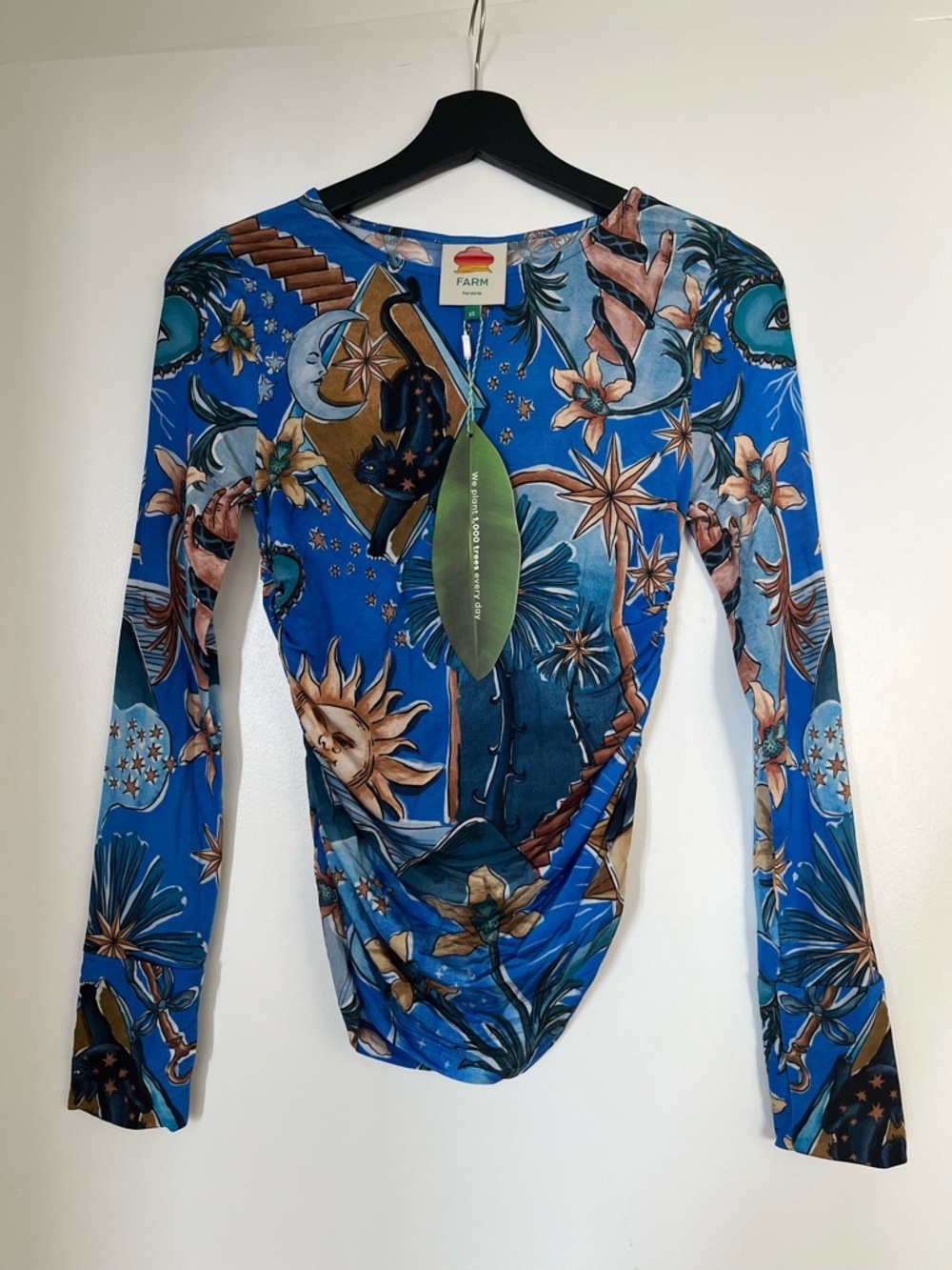 FARM Rio Blue Celestial & Floral Long Sleeve Top New with tags